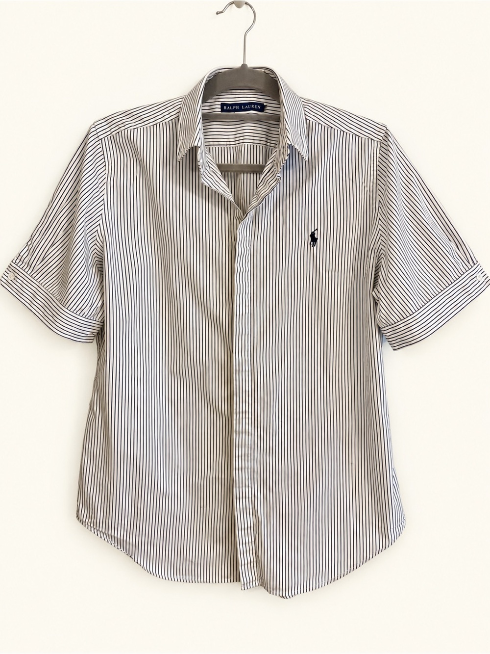 Ralph Lauren Women’s M Striped Short Sleeve Button Shirt  Dark Navy/Black White